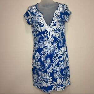 Lilly Pulitzer 100% Cotton Seahorse floral Small Tunic V Neck Dress blue white